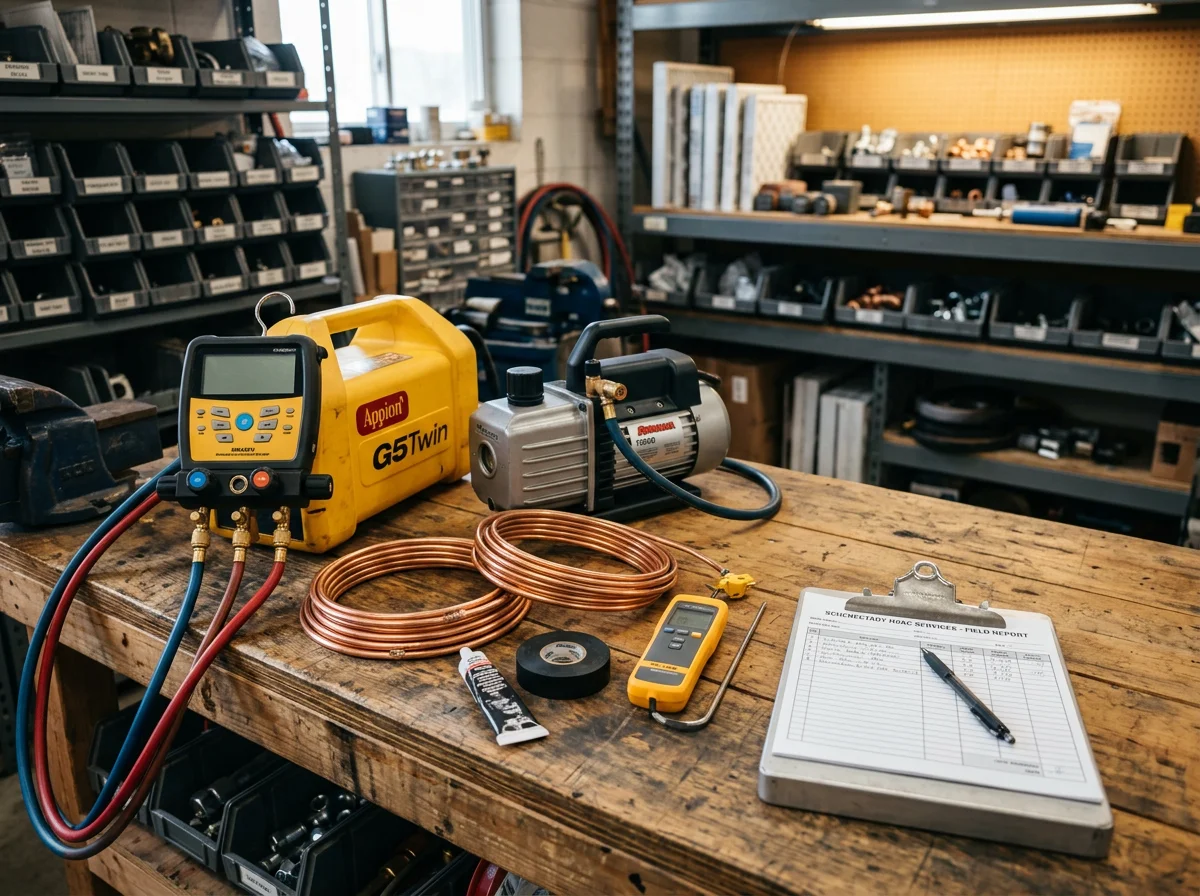 HVAC technician tools and equipment ready for service calls, representing professional heating and cooling diagnostics and repair.