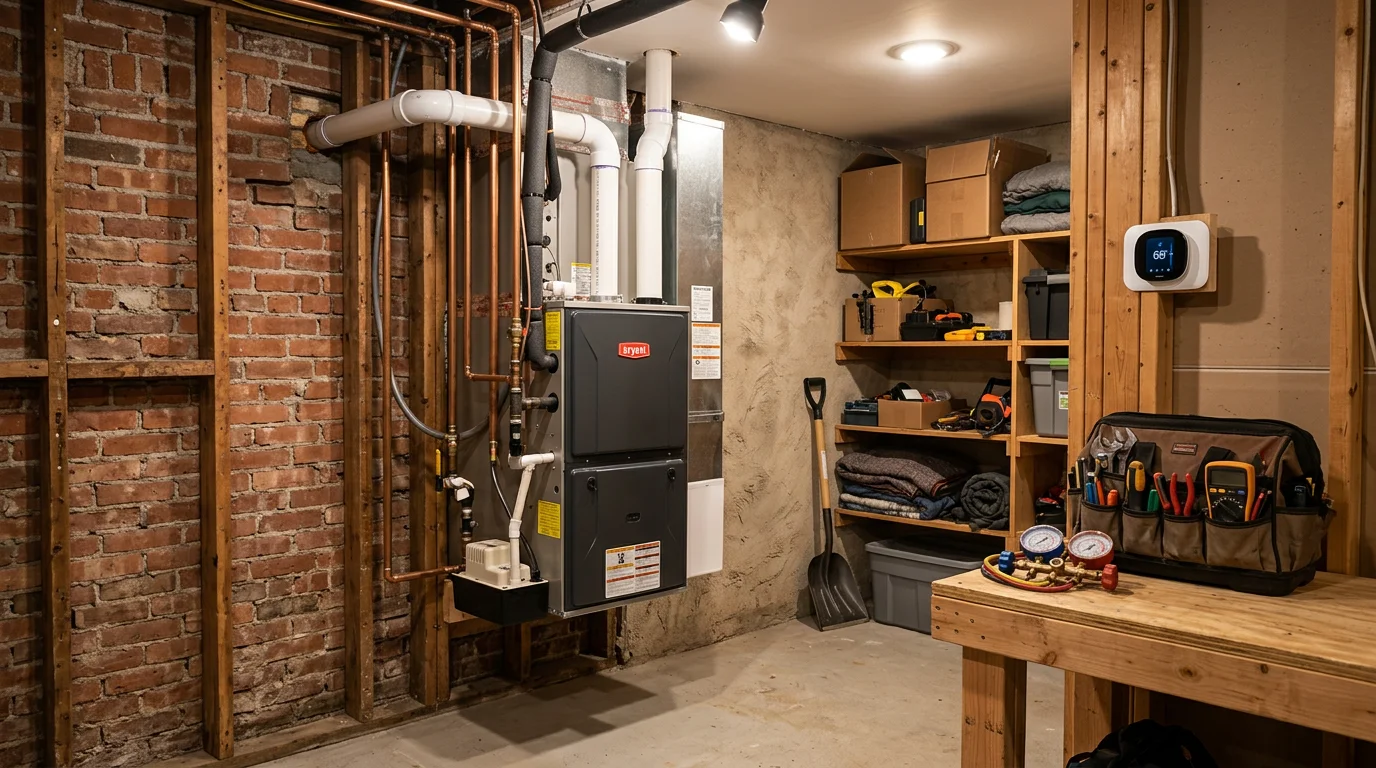 Heating system being inspected and serviced by an HVAC professional