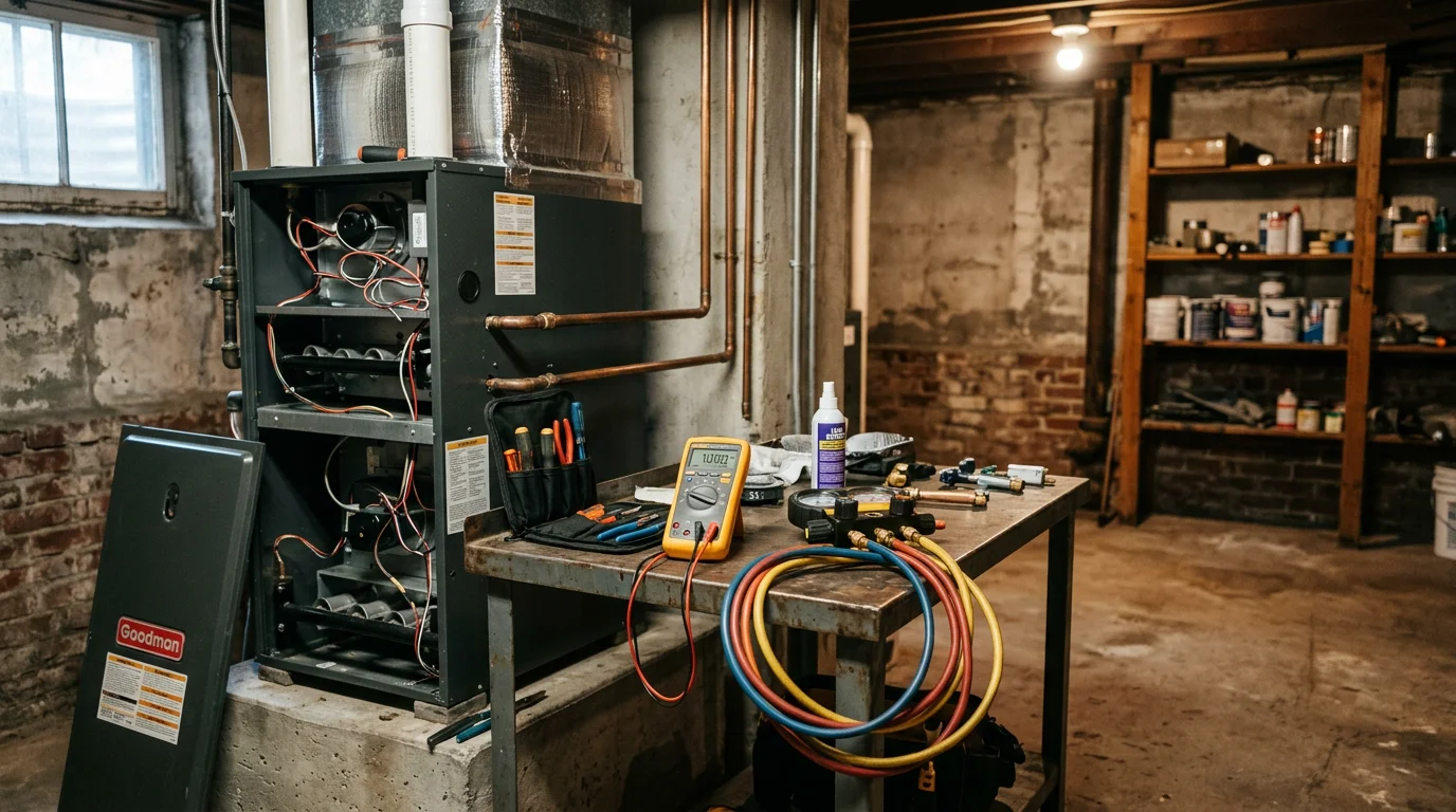HVAC technician servicing a residential heating and cooling system