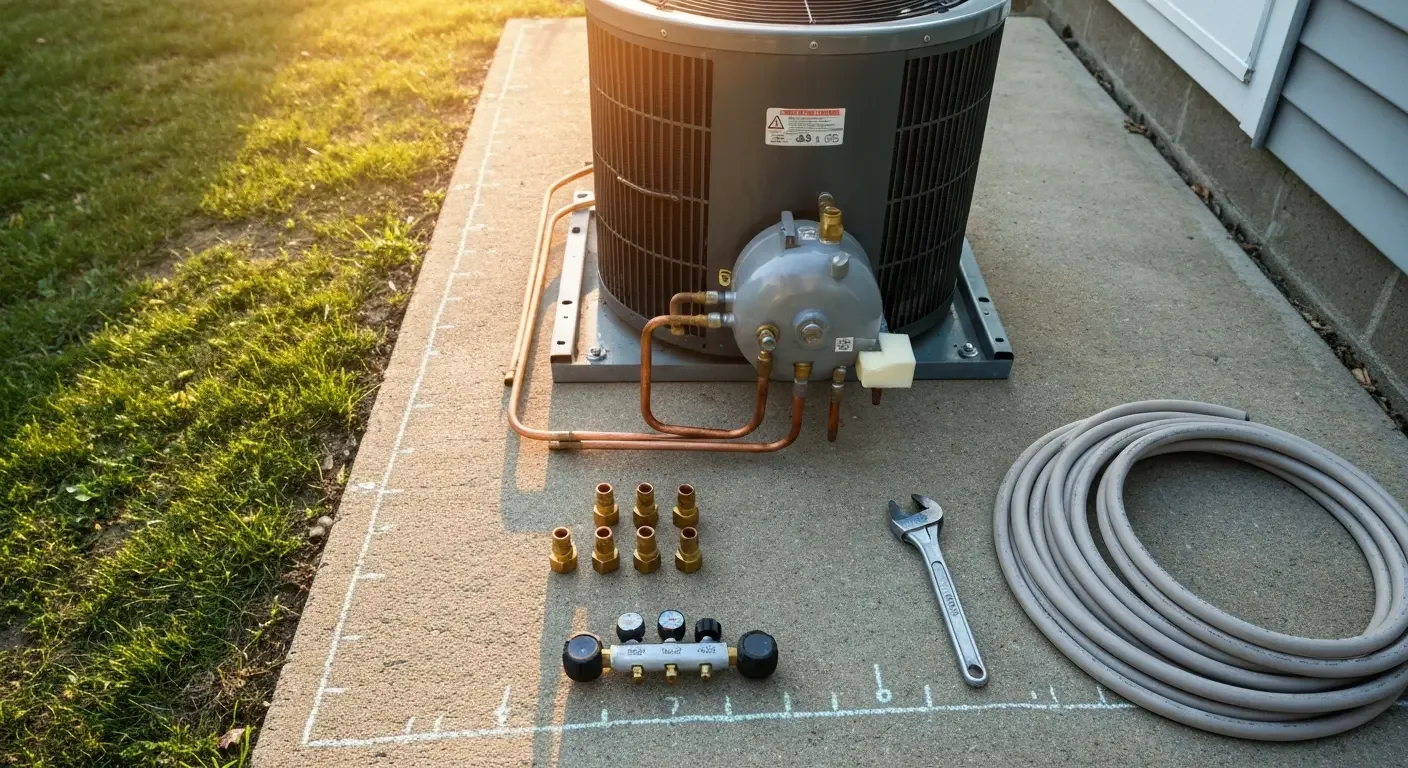 AC unit installation with copper refrigerant lines, accumulator tank, and brass fittings on concrete pad