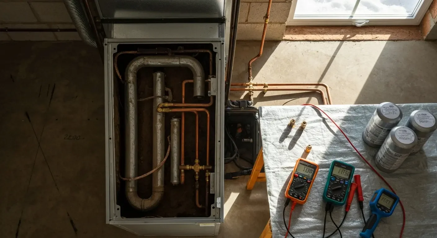 Heating unit with copper piping, digital multimeters, and testing equipment during installation