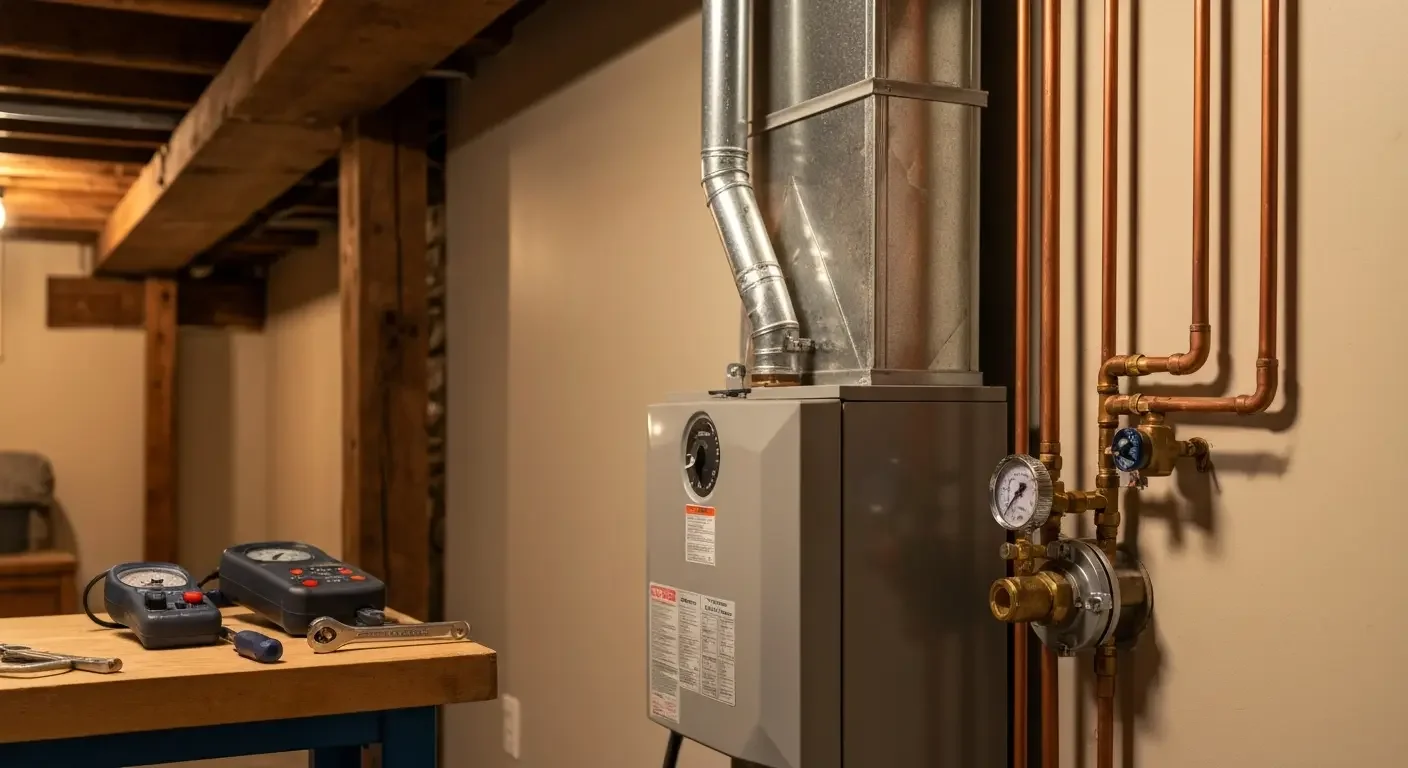 Gas furnace with copper piping, pressure gauges, and galvanized ductwork installation