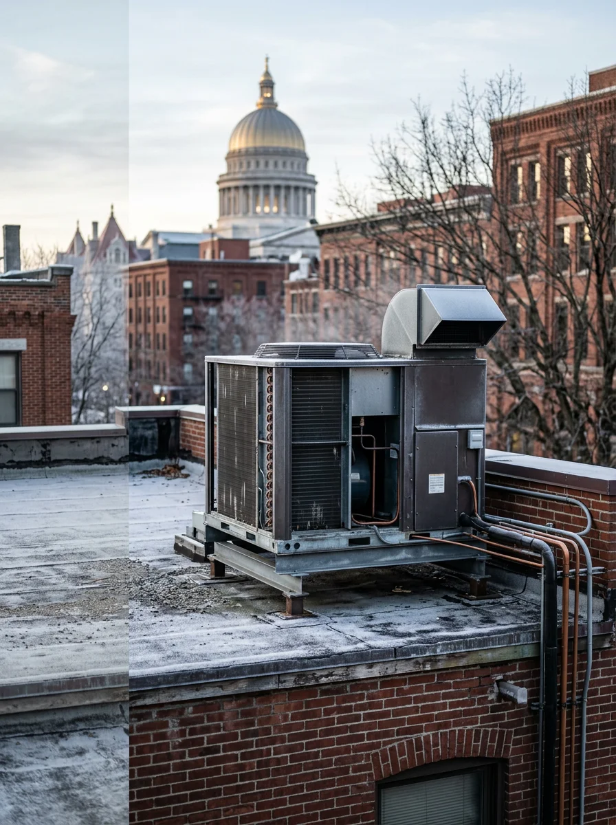Rooftop commercial HVAC unit on a multi-story Albany, NY office building near the state capitol district on a clear winter day.