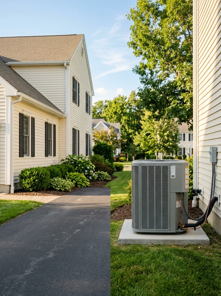 Outdoor AC condenser unit installed beside a newer Colonial-style home in a Glenmont, NY subdivision on a clear summer day.