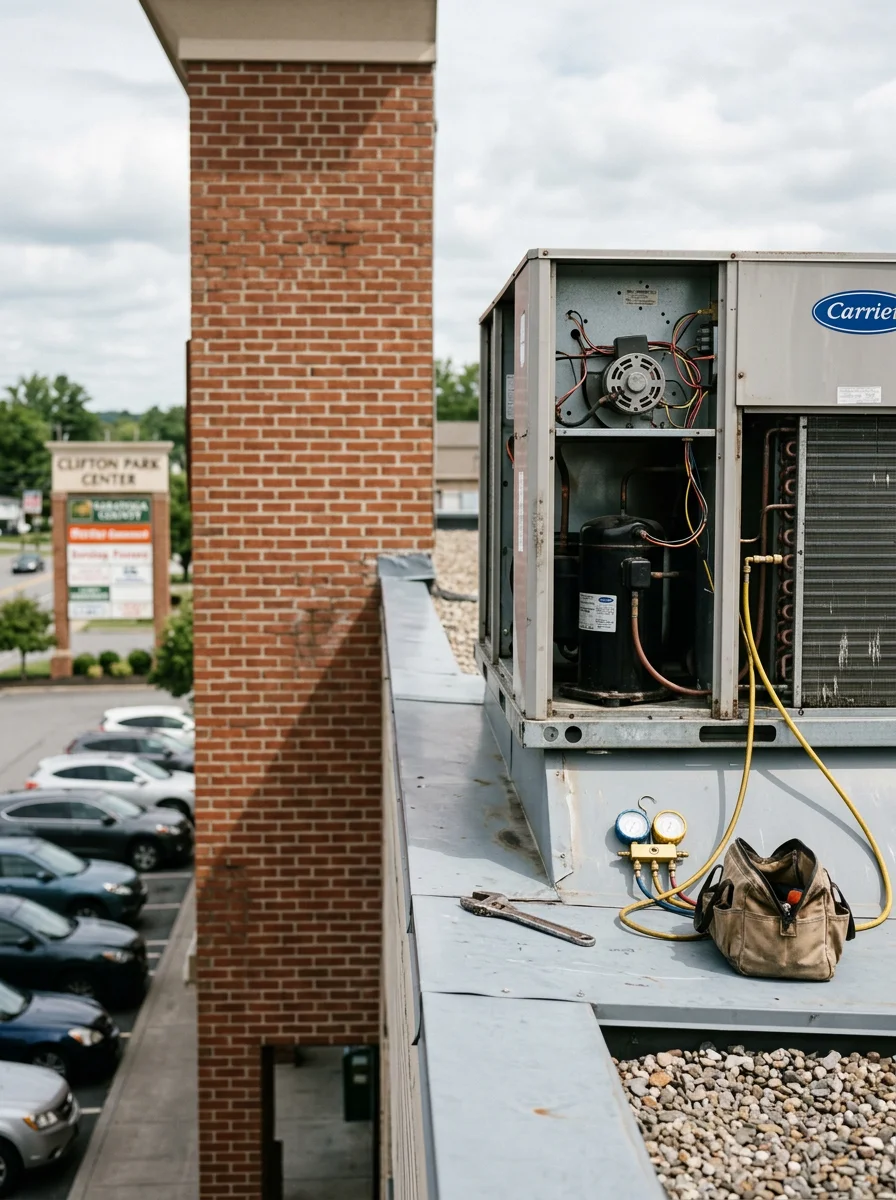 Commercial rooftop HVAC unit being serviced on a retail building near the Clifton Park Center corridor in Saratoga County, NY.