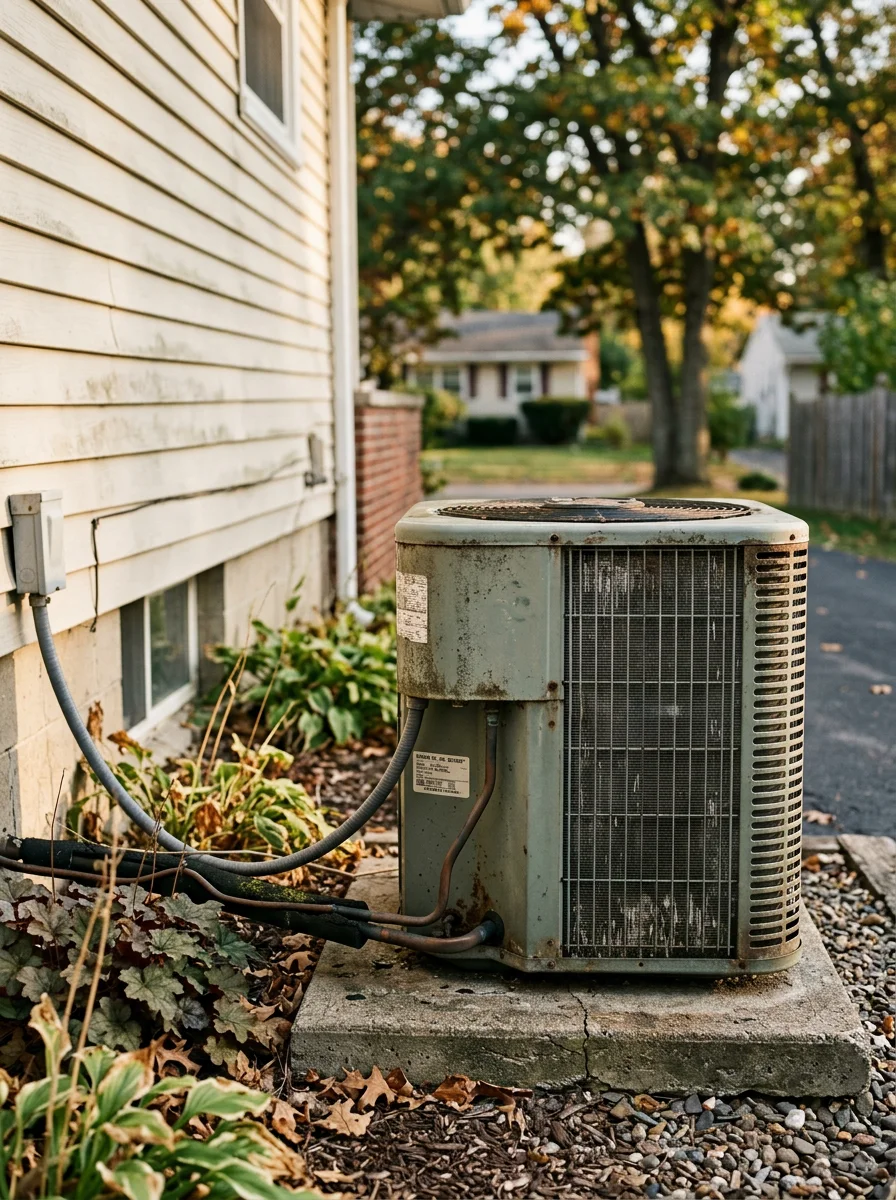 Close-up of an outdoor AC condenser unit beside a 1970s ranch-style home in a Colonie, NY residential neighborhood.