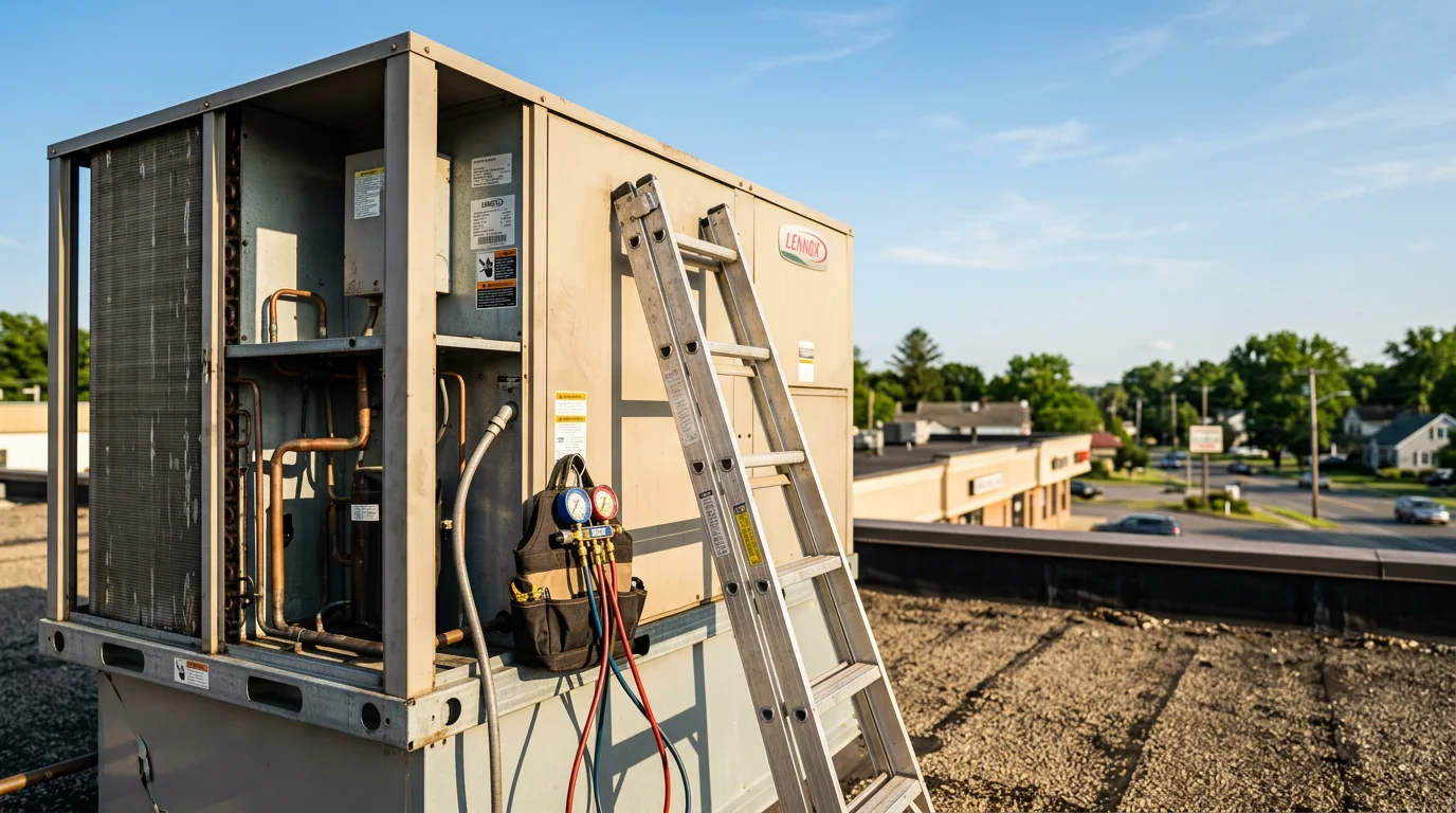 HVAC technician inspecting a rooftop air conditioning unit on a commercial building along a suburban Colonie, NY corridor on a summer day.