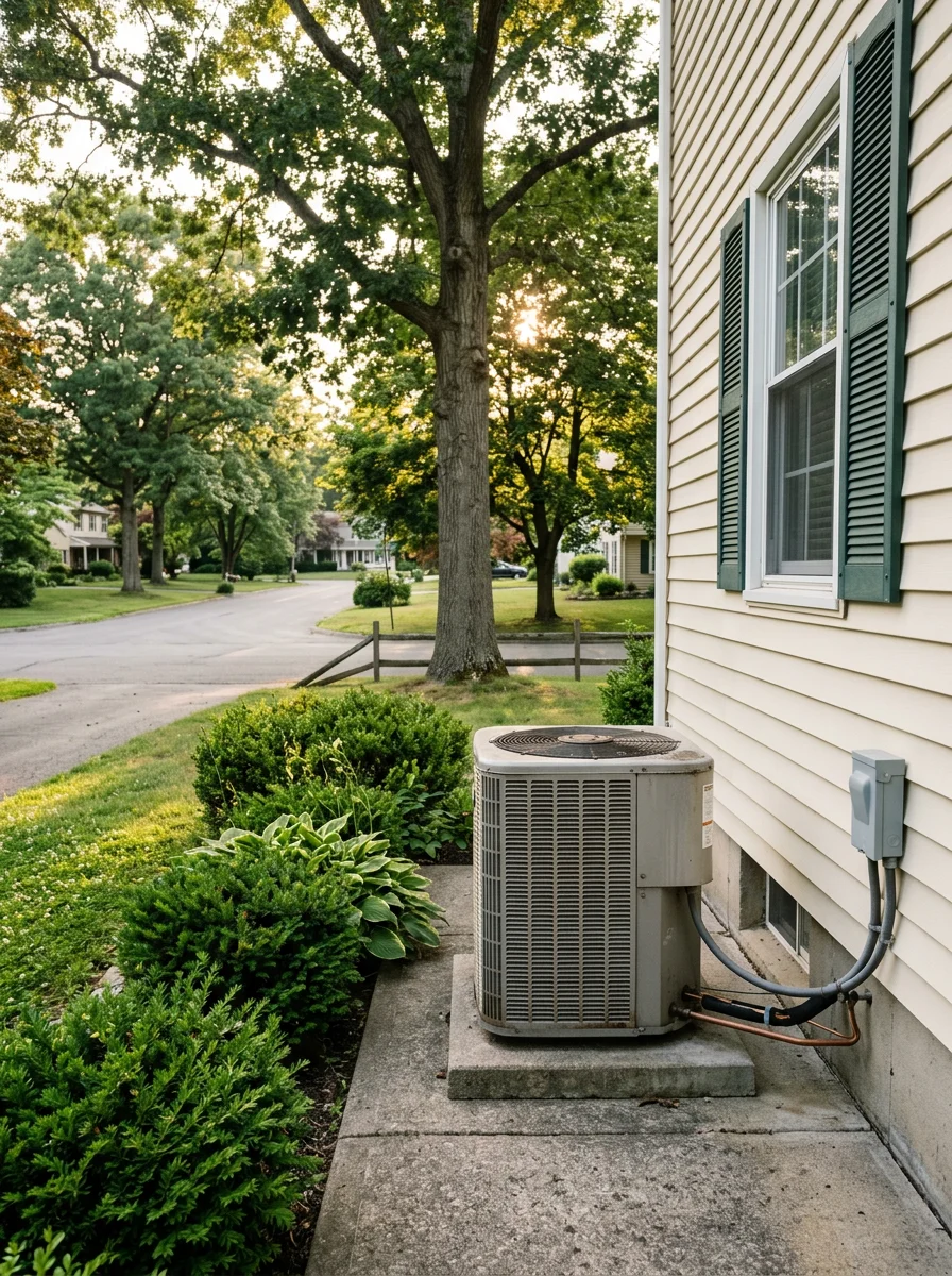 Outdoor AC condenser unit beside a 1980s Colonial-style home on a quiet residential street near Tawasentha Park in Guilderland, NY.