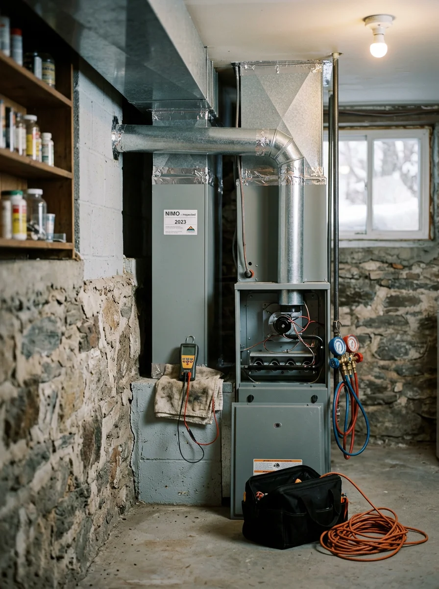Technician inspecting a residential furnace and ductwork in a Halfmoon, NY home
