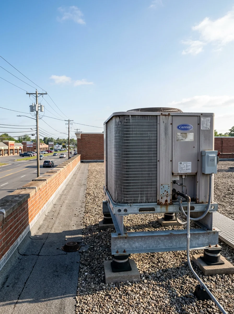 Commercial rooftop HVAC unit on a retail building along the Route 9 commercial corridor in Latham, NY on a clear day.