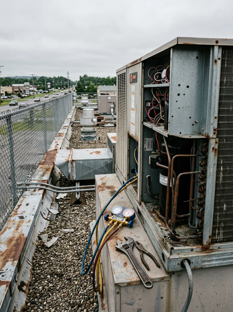 Commercial rooftop HVAC unit being serviced on a light-industrial building near the Route 5S corridor in Rotterdam, Schenectady County, NY.