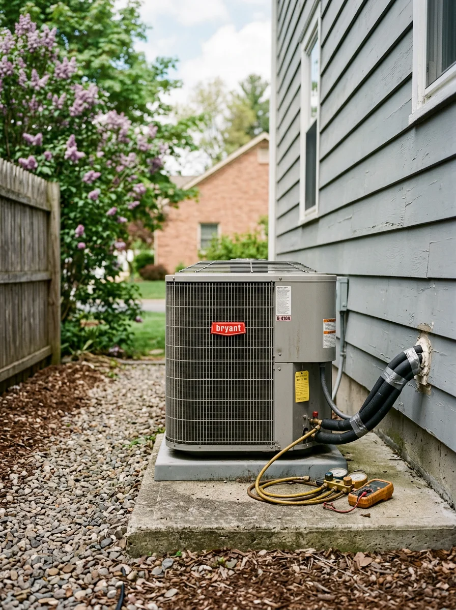 Outdoor air conditioning condenser unit beside a residential home in Saratoga County, NY