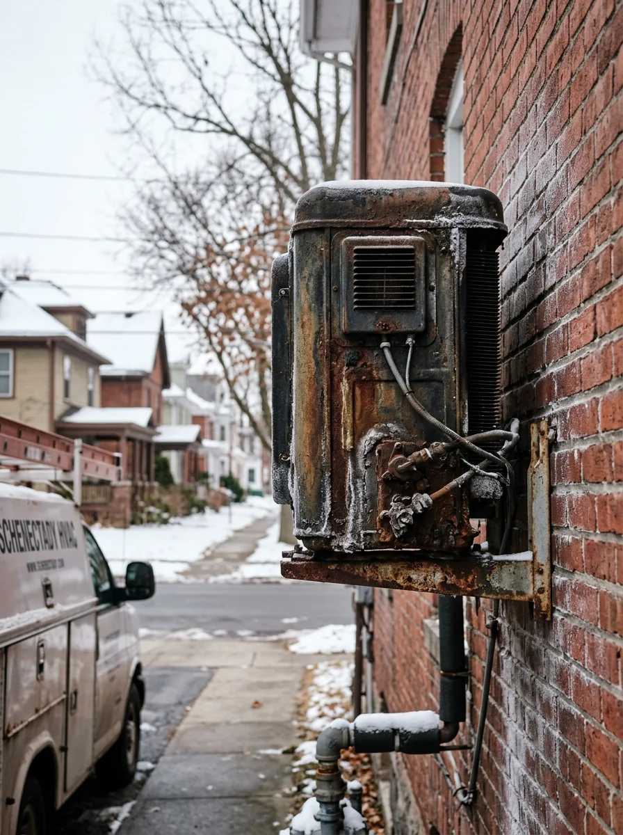Aging residential heating unit in a converted multi-family home on a tree-lined Schenectady, NY street in winter.