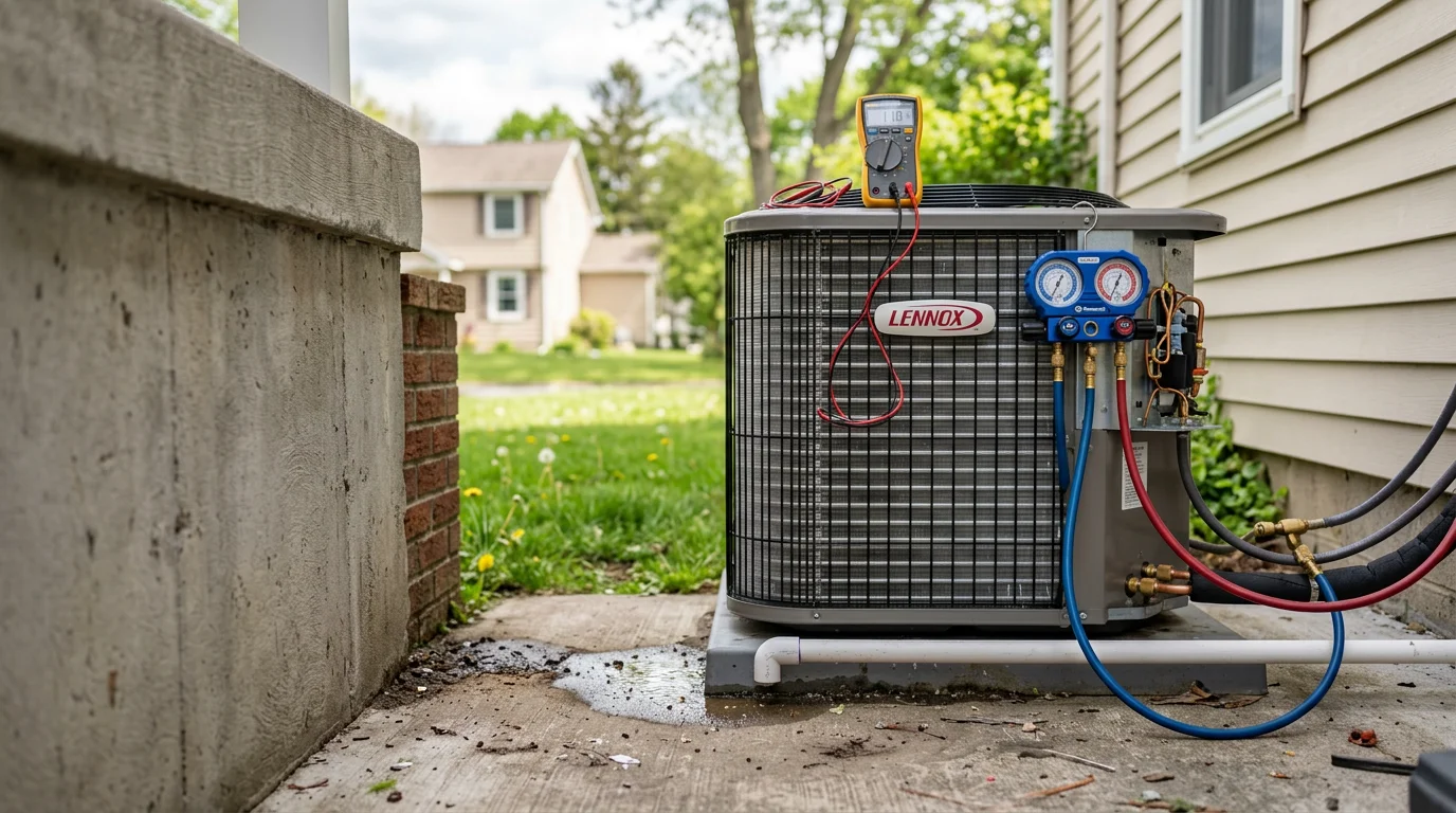 An Aircon Heating & Cooling technician performing AC maintenance on a residential central air conditioning unit in Colonie, NY. The technician is inspecting the outdoor condenser coils on a sunny Capital Region day.