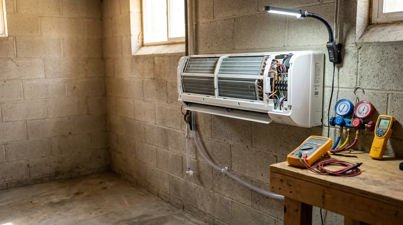 An Aircon Heating & Cooling technician inspecting the condenser unit of a residential AC system at a home in Colonie, NY. The technician is checking electrical connections and coil condition on a warm summer day.