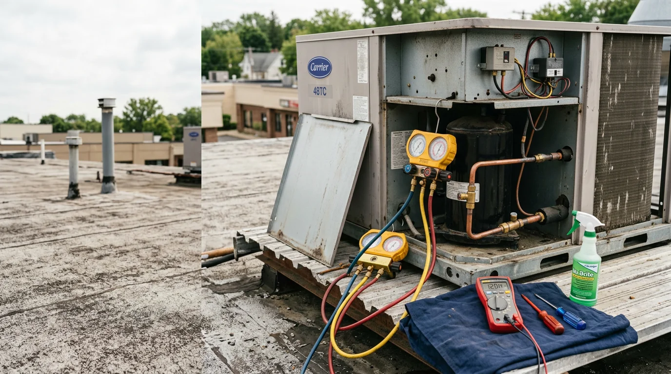 A commercial HVAC technician inspecting a rooftop package AC unit on a commercial building in Colonie, NY. The unit is being serviced on a clear summer day with the Capital Region skyline visible in the background.