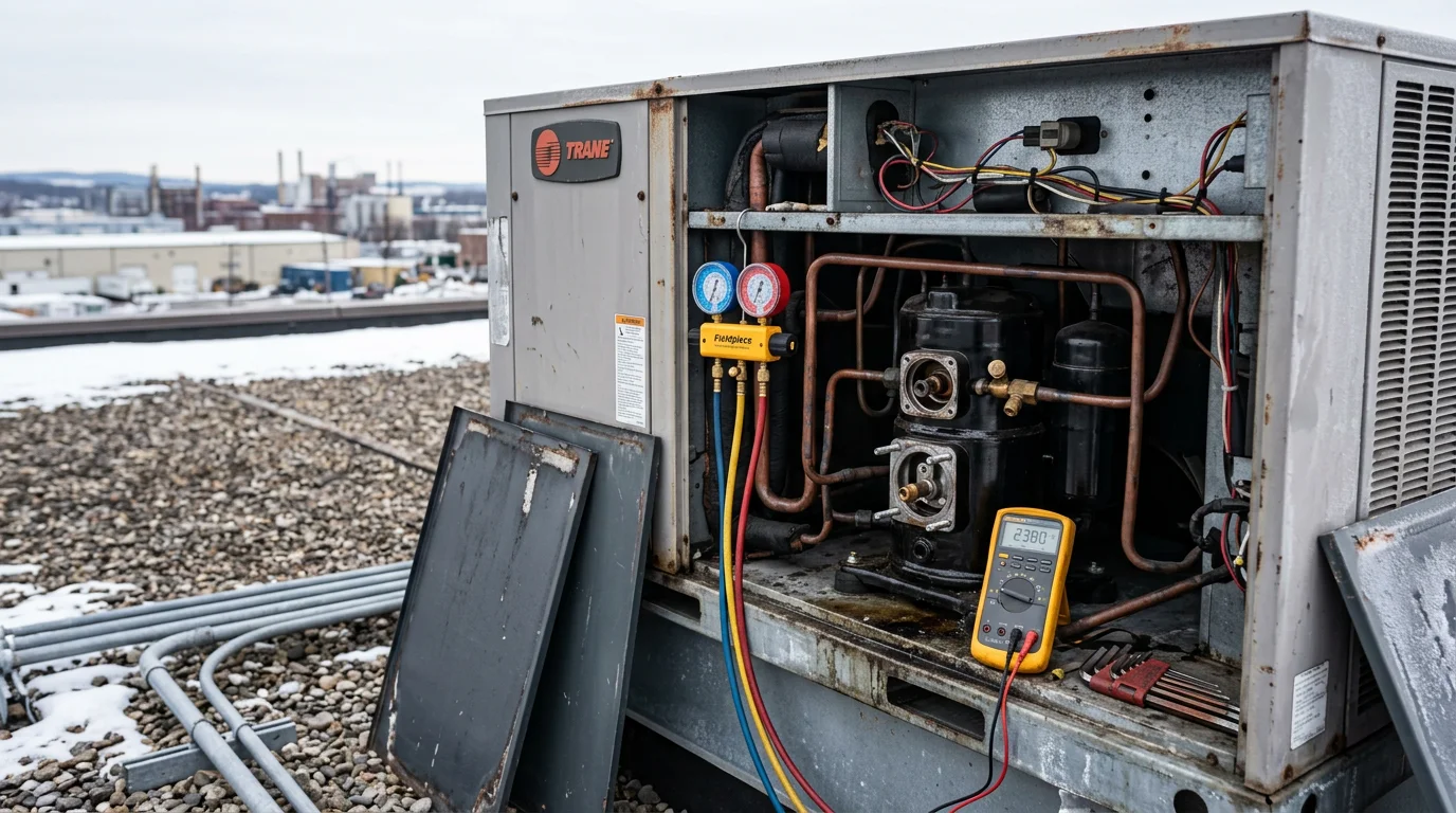 An HVAC technician inspecting a rooftop package unit on a commercial building in Colonie, NY. The technician is checking internal components with a diagnostic tool on a clear day.