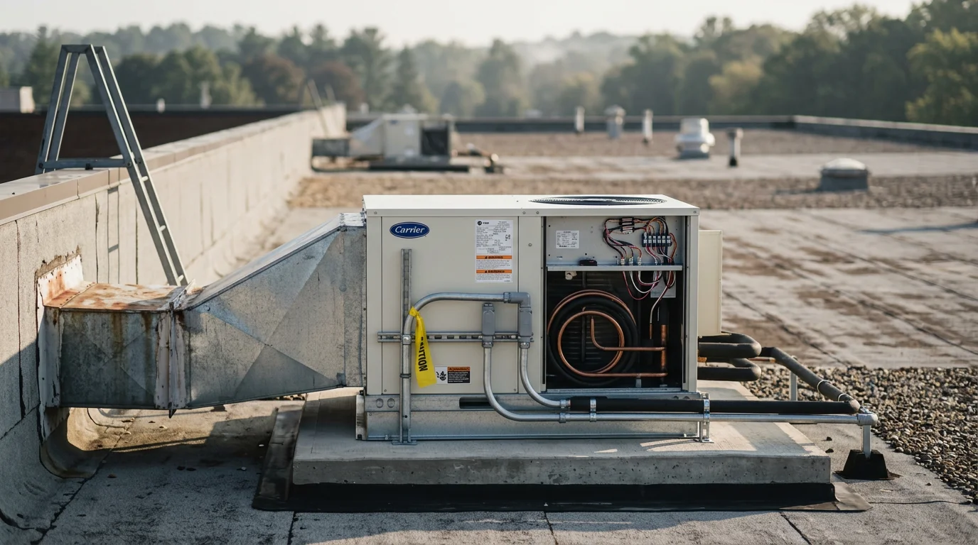 A commercial rooftop unit being set in place on a flat-roof building in Colonie, NY during a packaged RTU replacement project. A crane positions the new unit onto the roof curb while technicians prepare the ductwork and electrical connections below.
