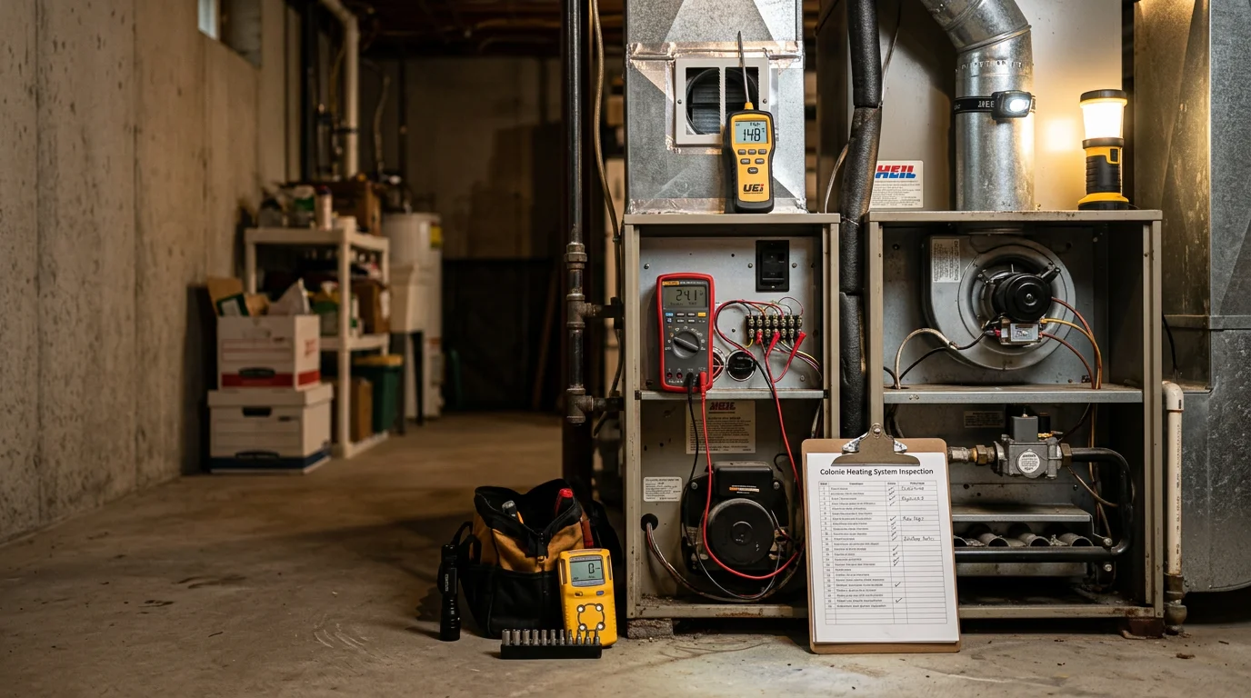 An Aircon Heating & Cooling technician inspecting a residential furnace in a Colonie, NY home, checking internal components with a flashlight during a pre-winter heating system inspection.