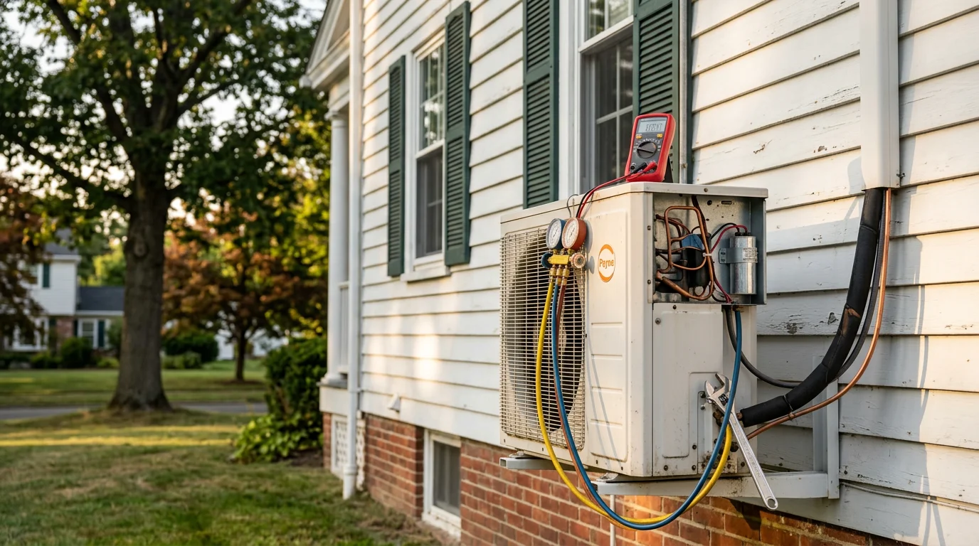 An Aircon Heating & Cooling technician inspecting a residential central air conditioning unit outside a single-family home in Colonie, NY. The technician is checking the outdoor condenser on a summer day in a typical Capital Region neighborhood.
