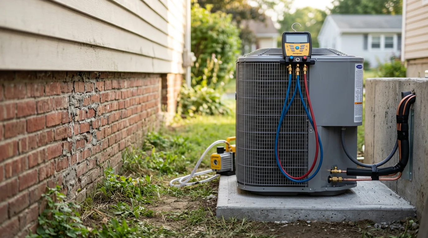 A newly installed central air conditioning unit beside a single-family home in Colonie, NY, with clean refrigerant lines and a freshly painted exterior wall. A technician from Aircon Heating & Cooling checks system connections after completing the residential AC replacement.
