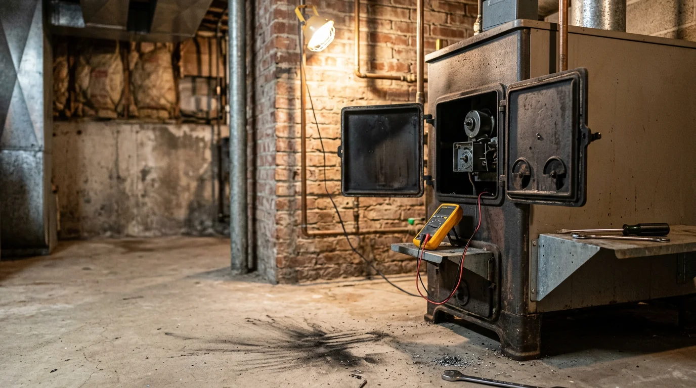 An Aircon Heating & Cooling technician inspecting a residential furnace inside a home in Colonie, NY. The technician examines internal components as part of a heating repair service call.