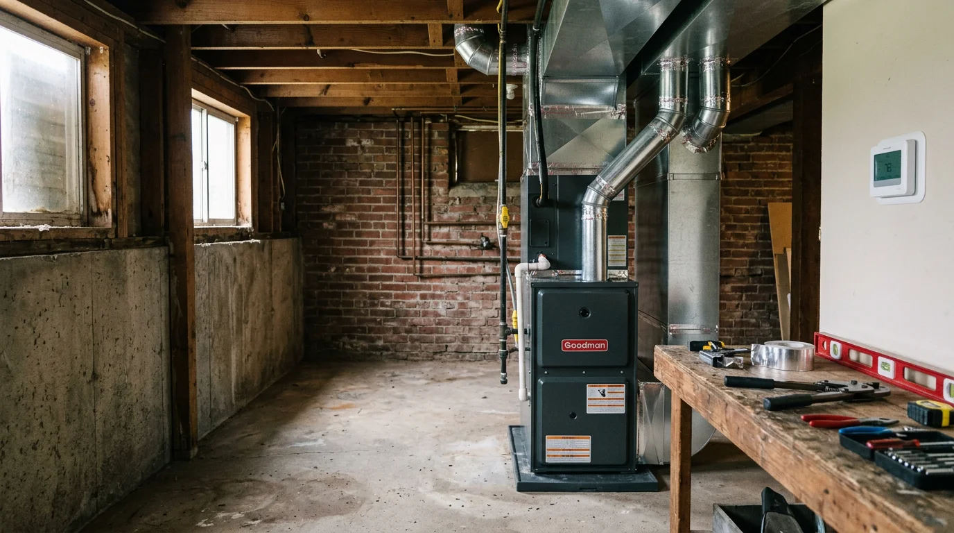 A newly installed residential heating system in a Colonie, NY home utility room, with clean ductwork connections and a modern furnace unit in place. The installation reflects a complete heating replacement job typical of Albany County residential properties.